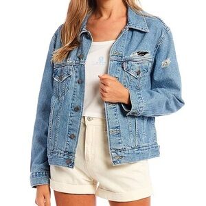 Levi Ex-Boyfriend Distressed Denim Trucker Jean Jacket Womens size Large NWOT